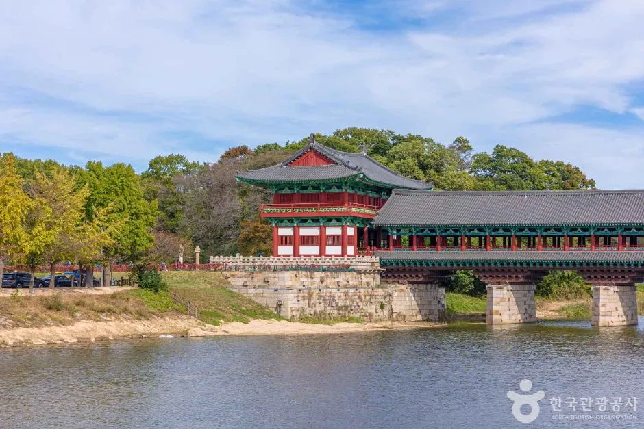 The reconstructed Woljeonggyo covered bridge and its gate tower beside the Namcheon stream