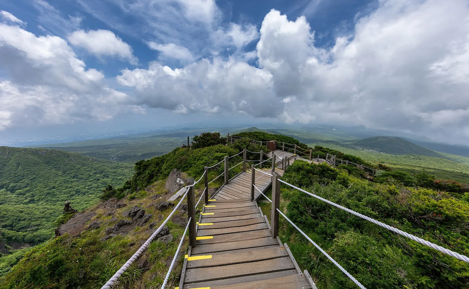 漢拏山国立公園の尾根に沿って延びる木道と、その下に広がる緑の斜面